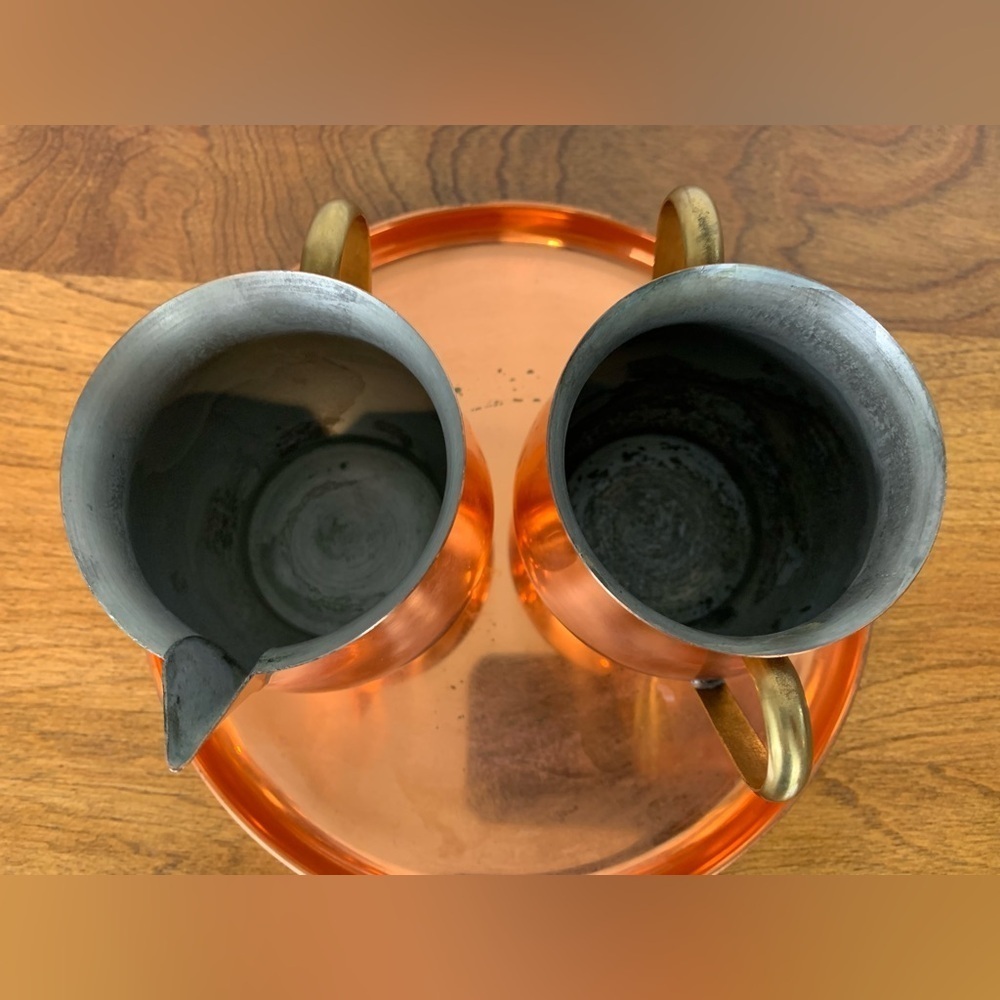 Copral Copper Brass Creamer Sugar Bowl Tray Set Made In Portugal Vtg Mixed Metal - Picture 6 of 11